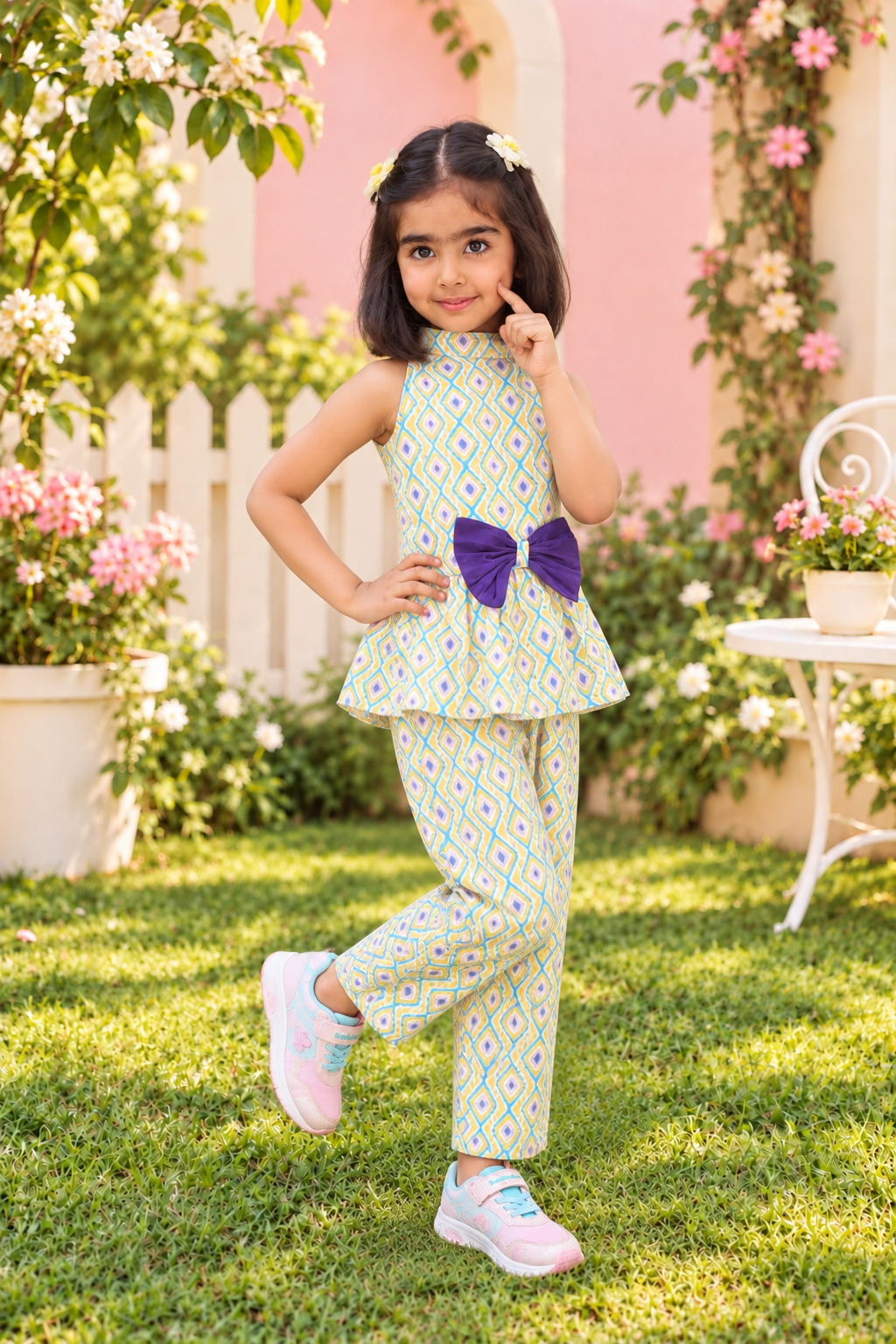 Yellow Hakoba Co-ord Set with High neck