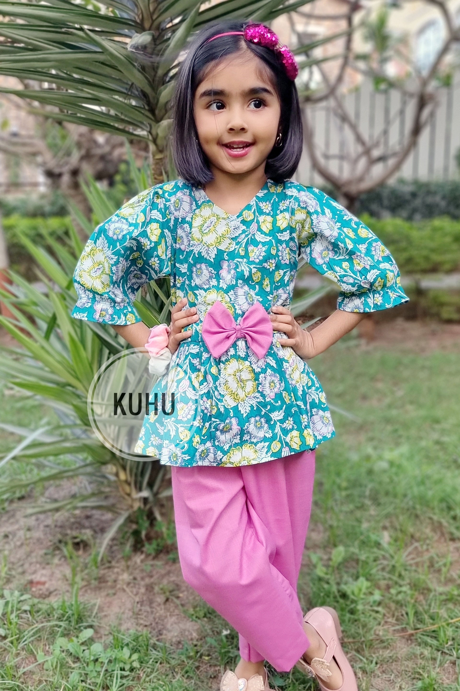 Rama and Pink Colour Floral Print Playsuit 