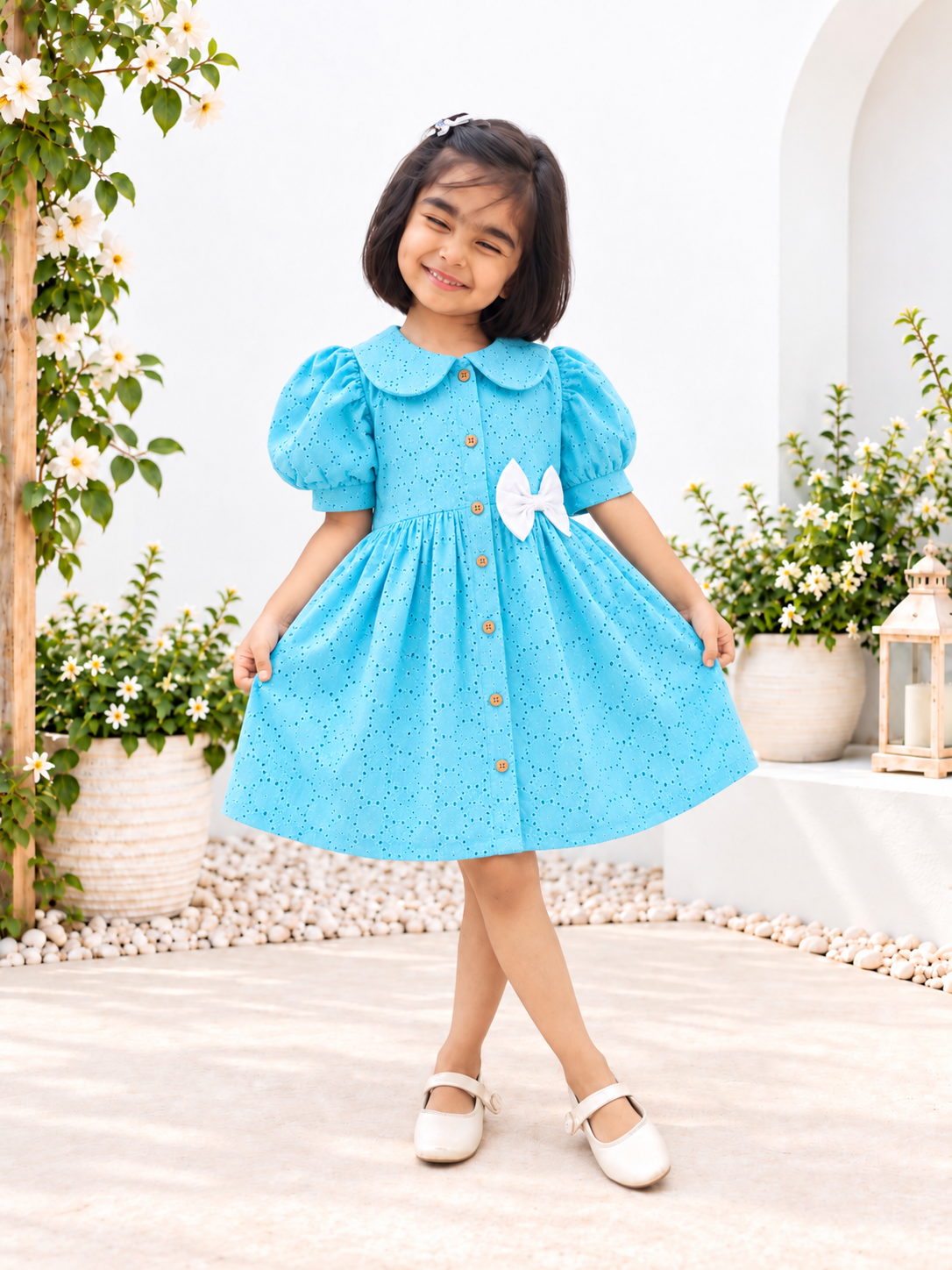 Sky-Blue Hakoba Dress with Bow