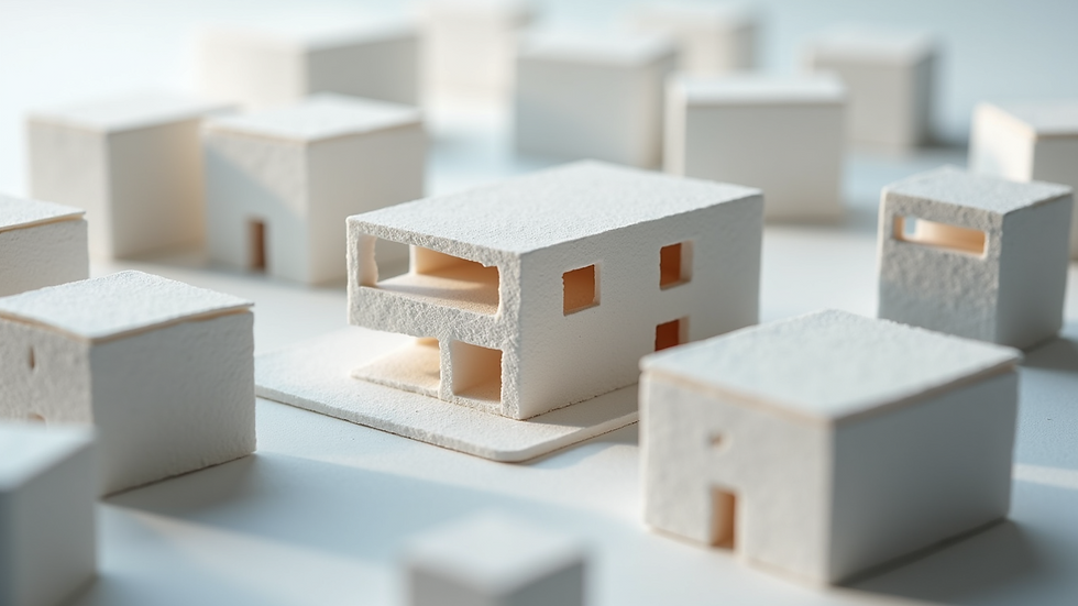 Close-up view of a detailed 3D architectural model showing building materials