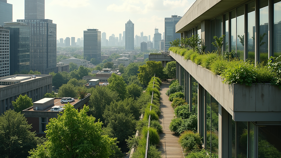 High angle view of sustainable building with green rooftop garden