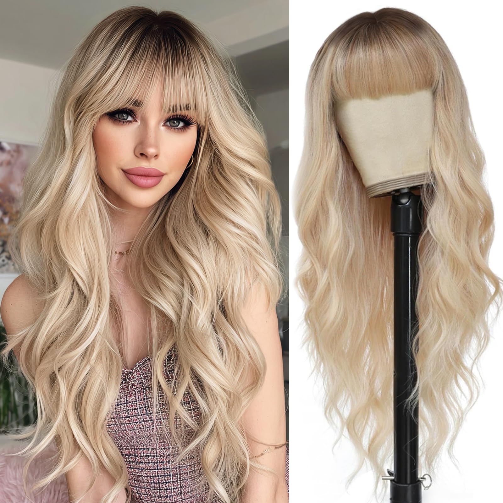 Ombre Blonde Wig with Bangs Long Wavy Wig Platinum Blonde Wi - Image 1