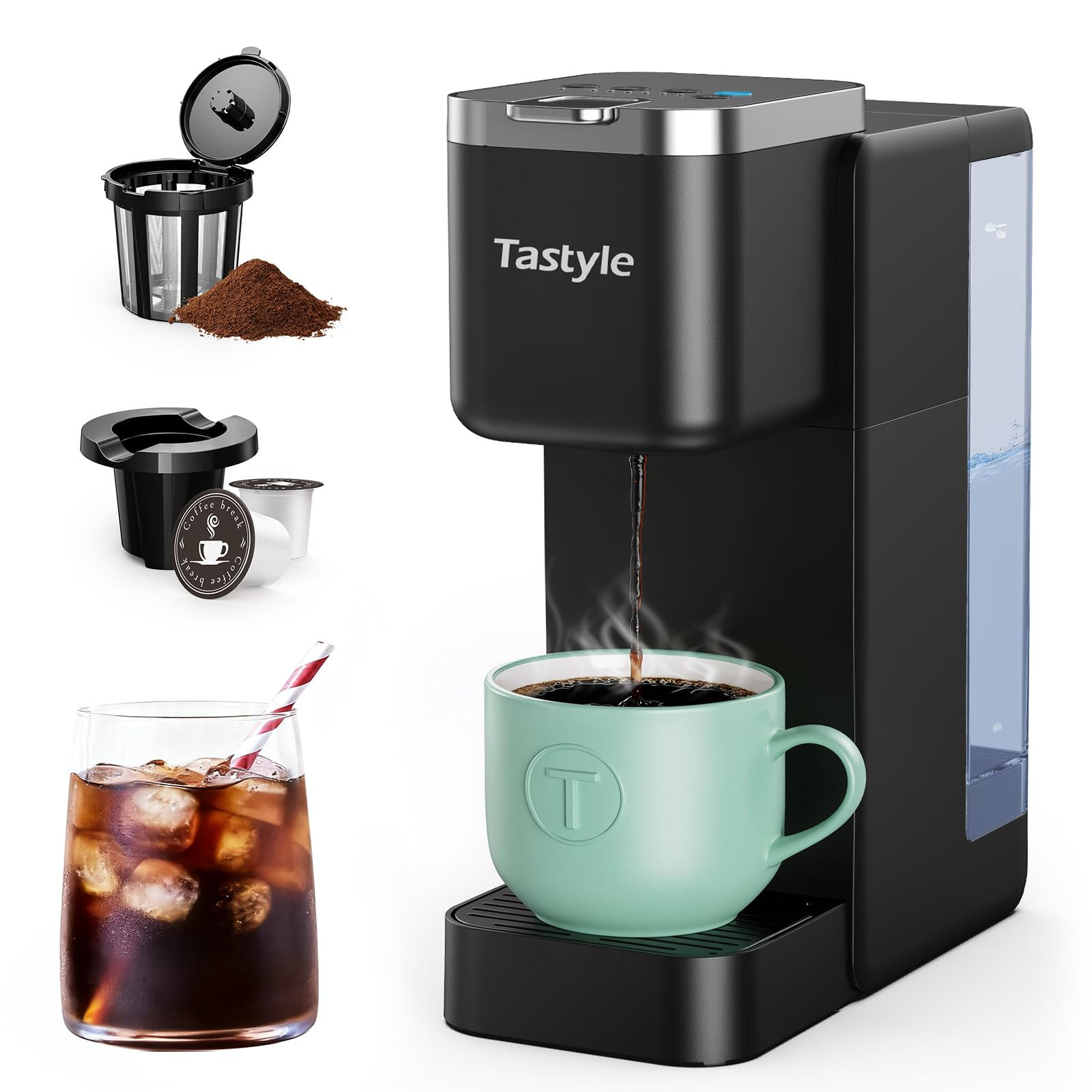 Tastyle Single Serve Coffee Maker, Iced & Hot, K-Cup & Grounds, 40oz, Black