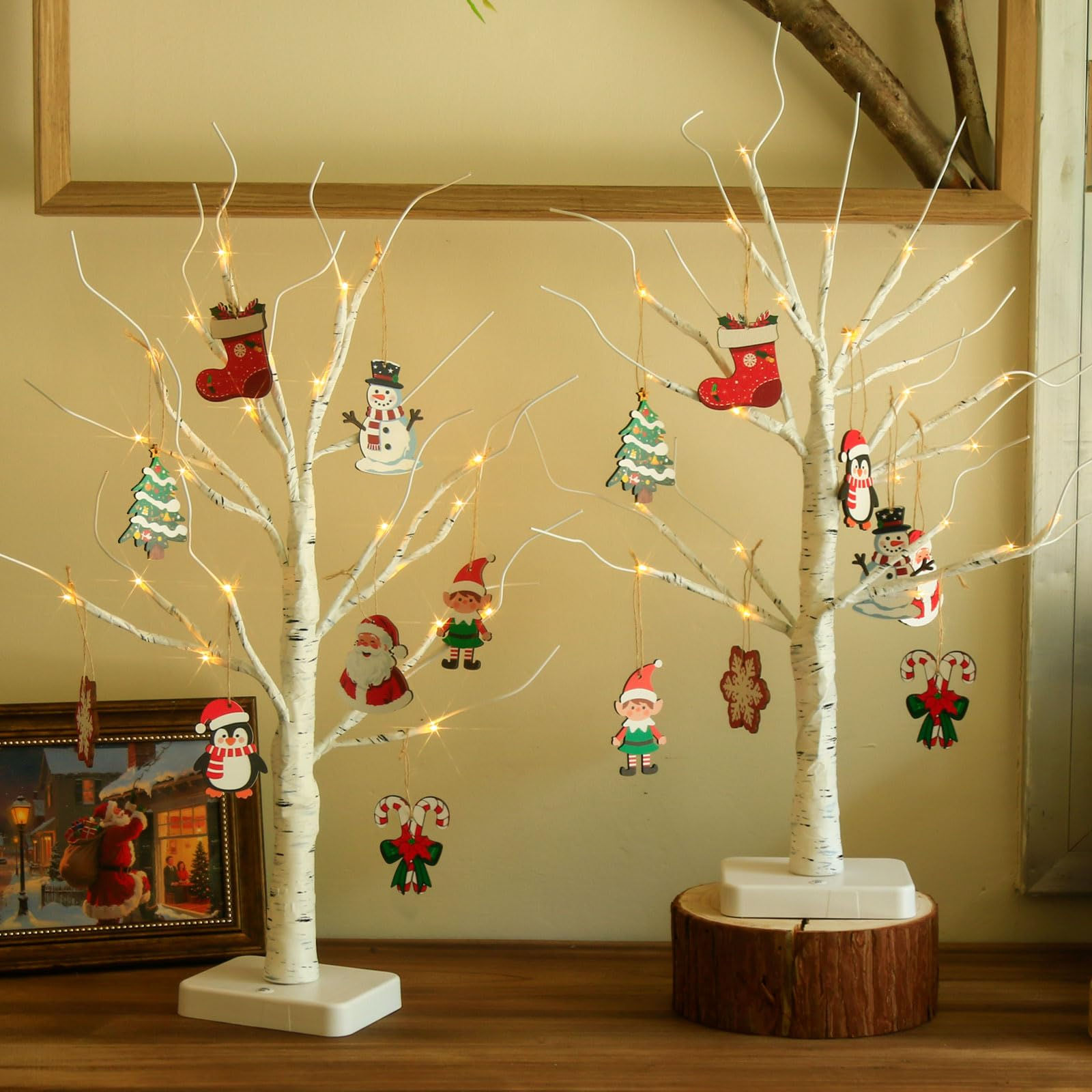 EAMBRITE Lighted Birch Tree with Christmas Ornaments, 2 Pack Small Christmas