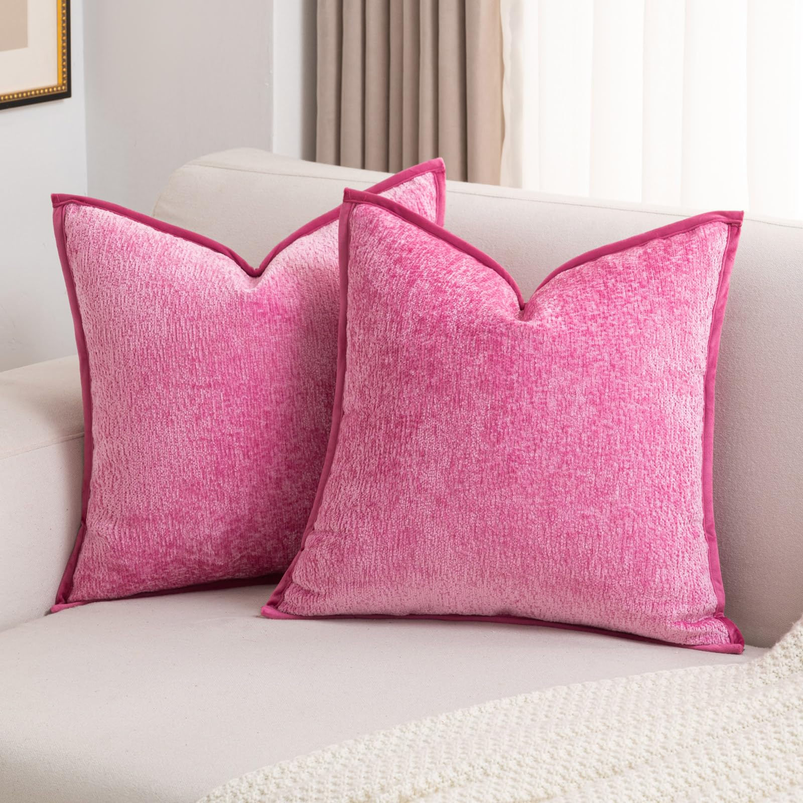 FUTEI Hot Pink Chenille Throw Pillow Covers 24x24 Inch Set o - Image 1