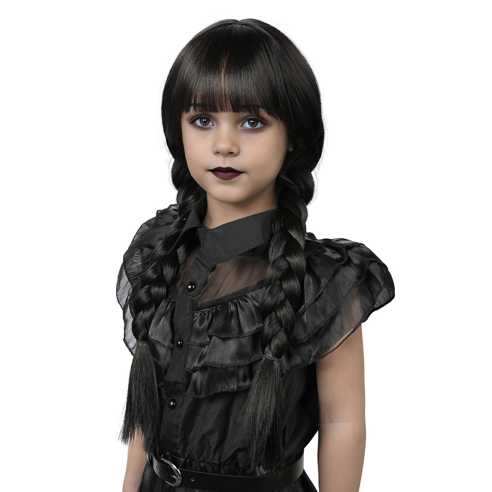 MUPUL Long Black Braided Wig with Bangs - Halloween Costume Wig for Girls
