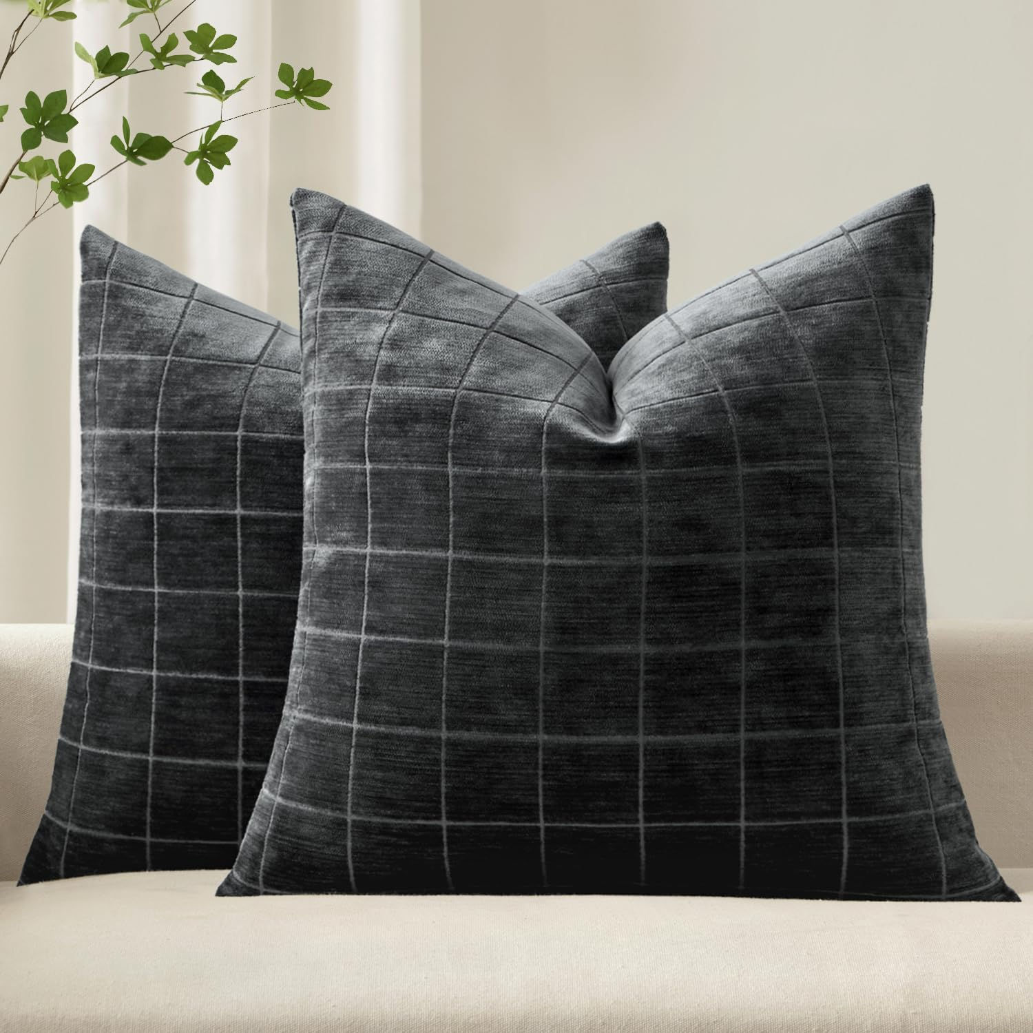 MIULEE Decorative Chenille Check Throw Pillow Covers Vintage - Image 1