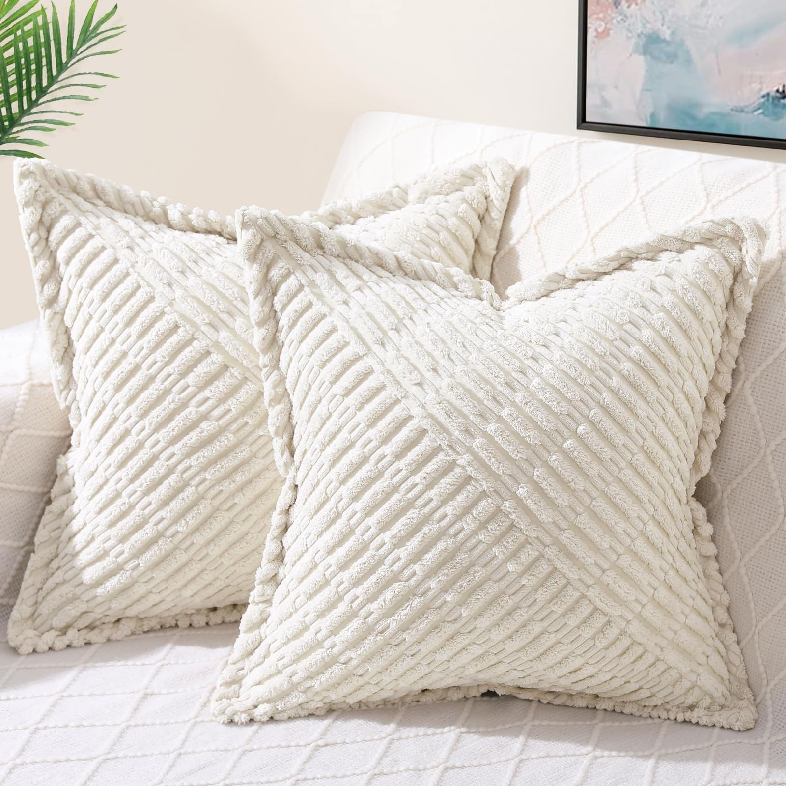decorUhome Decorative Cream White Throw Pillow Covers 22x22 Set of 2 w/Splicing