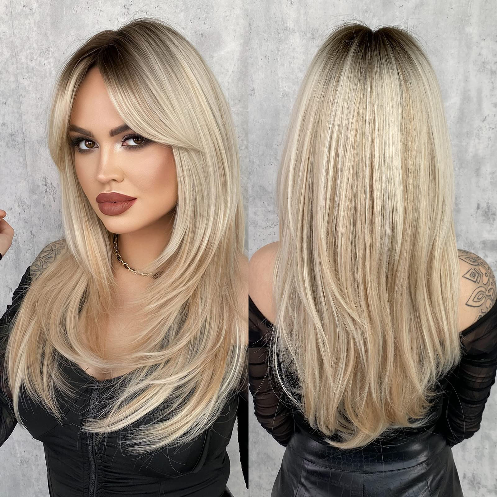 Novastel Honey Blonde Wigs Human Hair with Bangs Long Brown - Image 1