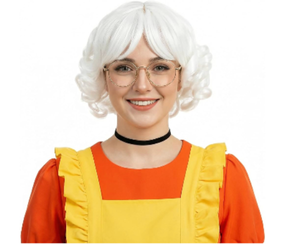 REEWES Elderly Women Wigs Costume White Curly Wigs w/Bangs for Old Women Cosplay
