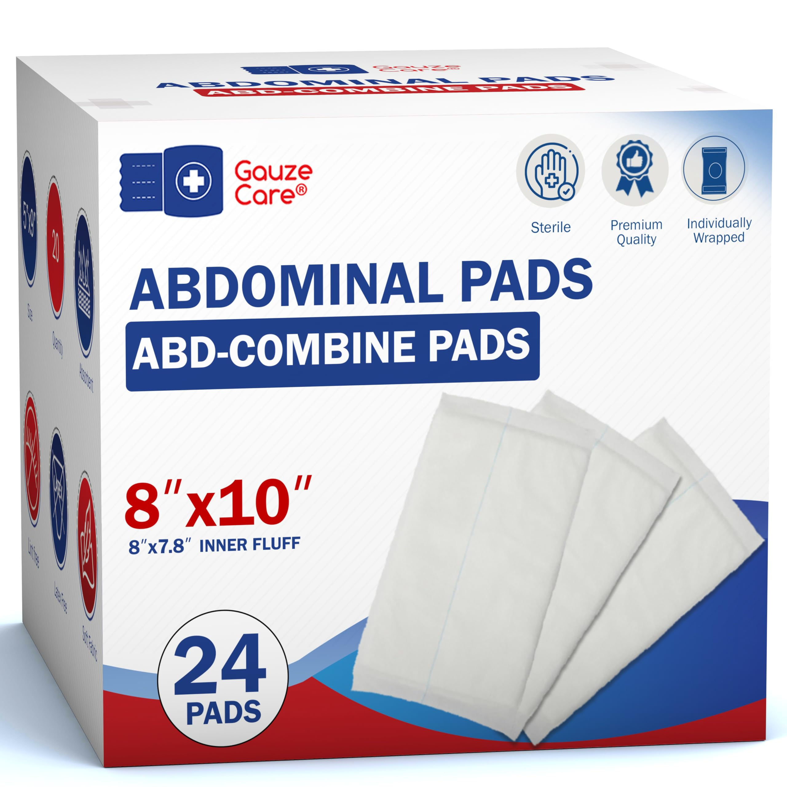 GauzeCare Sterile Abdominal- ABD Combine Pads| 24-Pack, 8x10 Inches| Extra