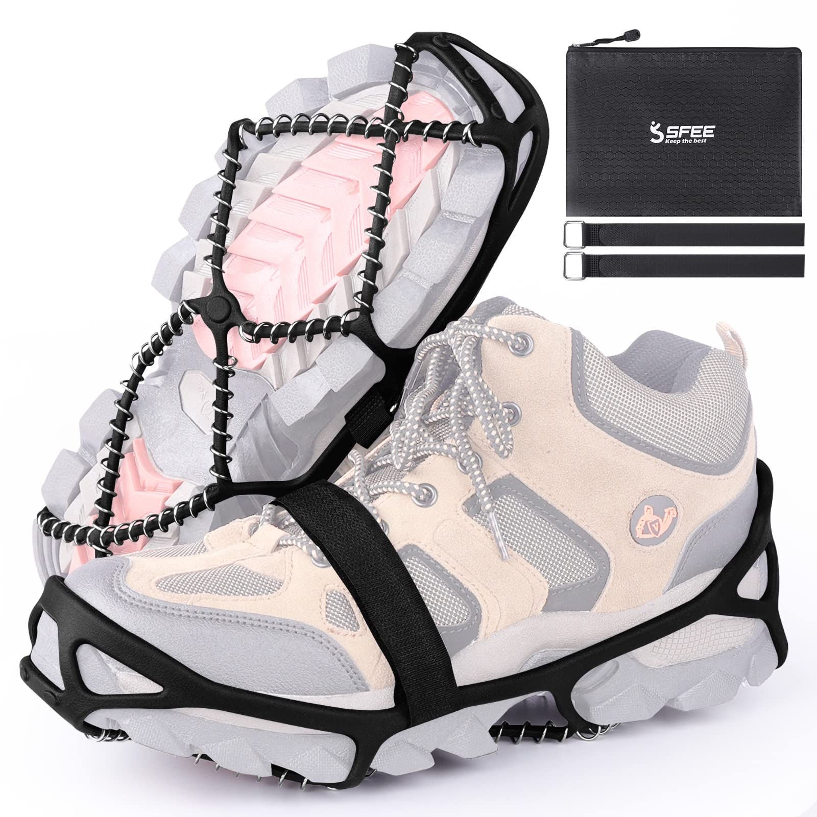 Sfee Ice Cleats Ice Grippers for Shoes and Boots, Crampons Traction Cleats Med