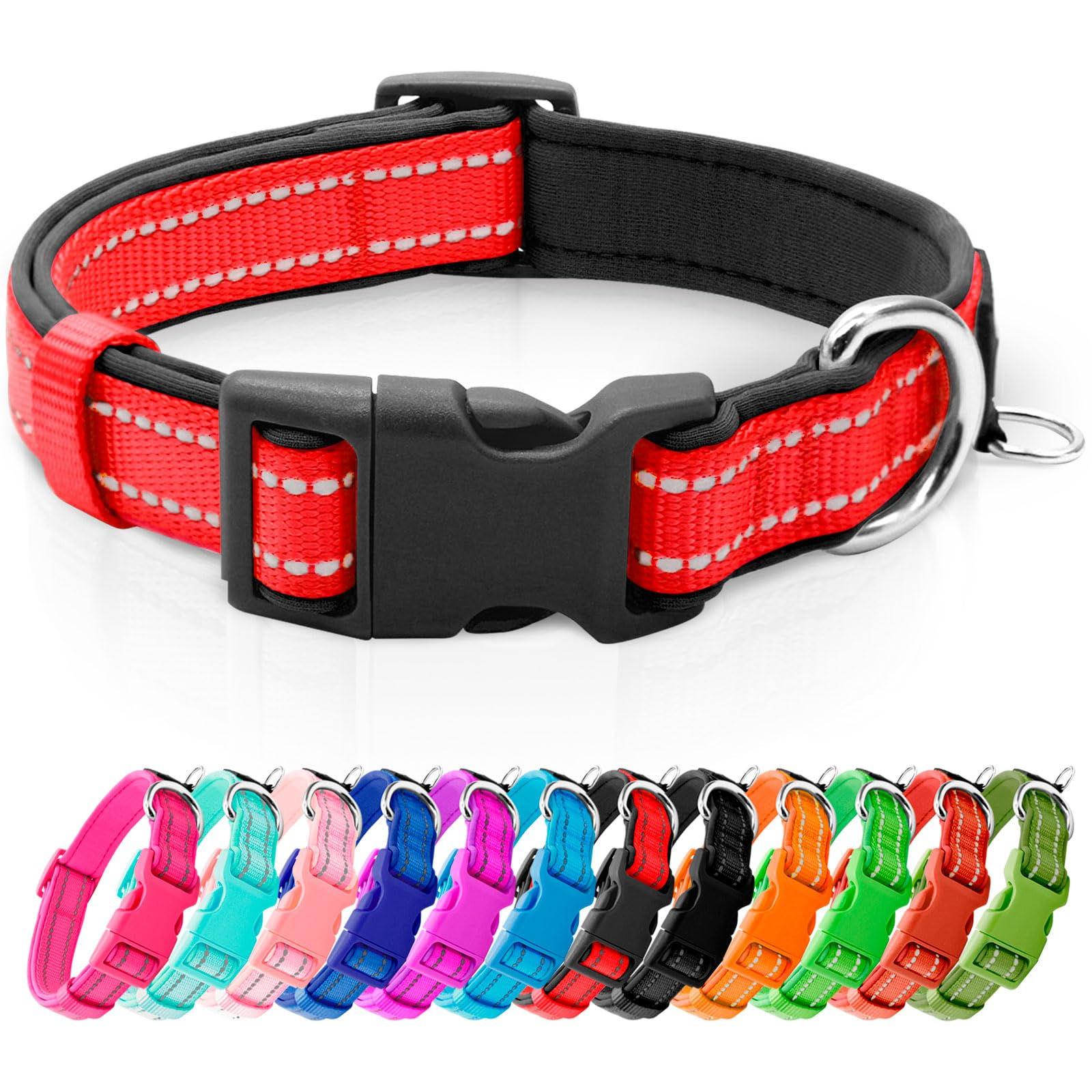 azuza Reflective Dog Collar,Soft Neoprene Padded Pet Collar with ID Tag Ring,Adj