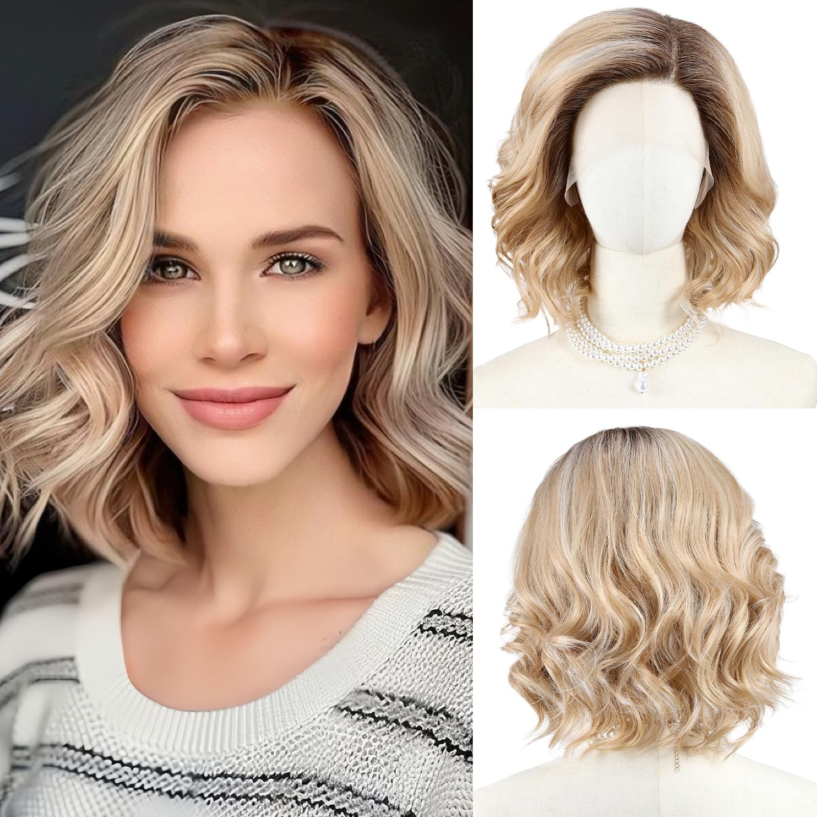 starluck Side Part Wavy Wig Blonde with Brown Root Layered L - Image 1