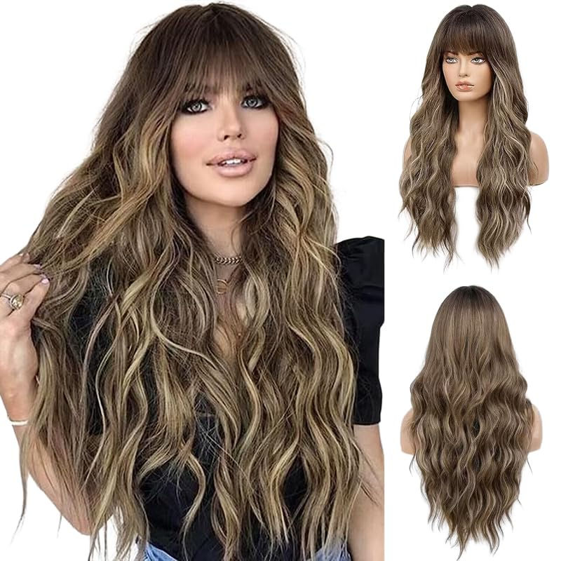 HAIRCUBE Brown with Blonde Highlight Wig Long Curly Wig with - Image 1