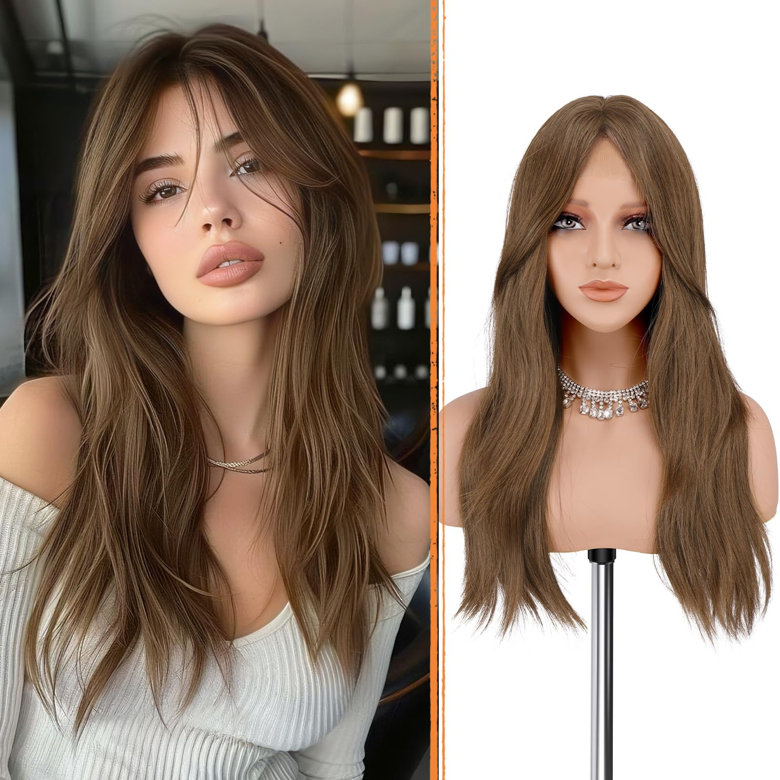 Haloo Brown Wigs with Curtain Bangs - Lace Front Hairline Middle Part Long Laye…