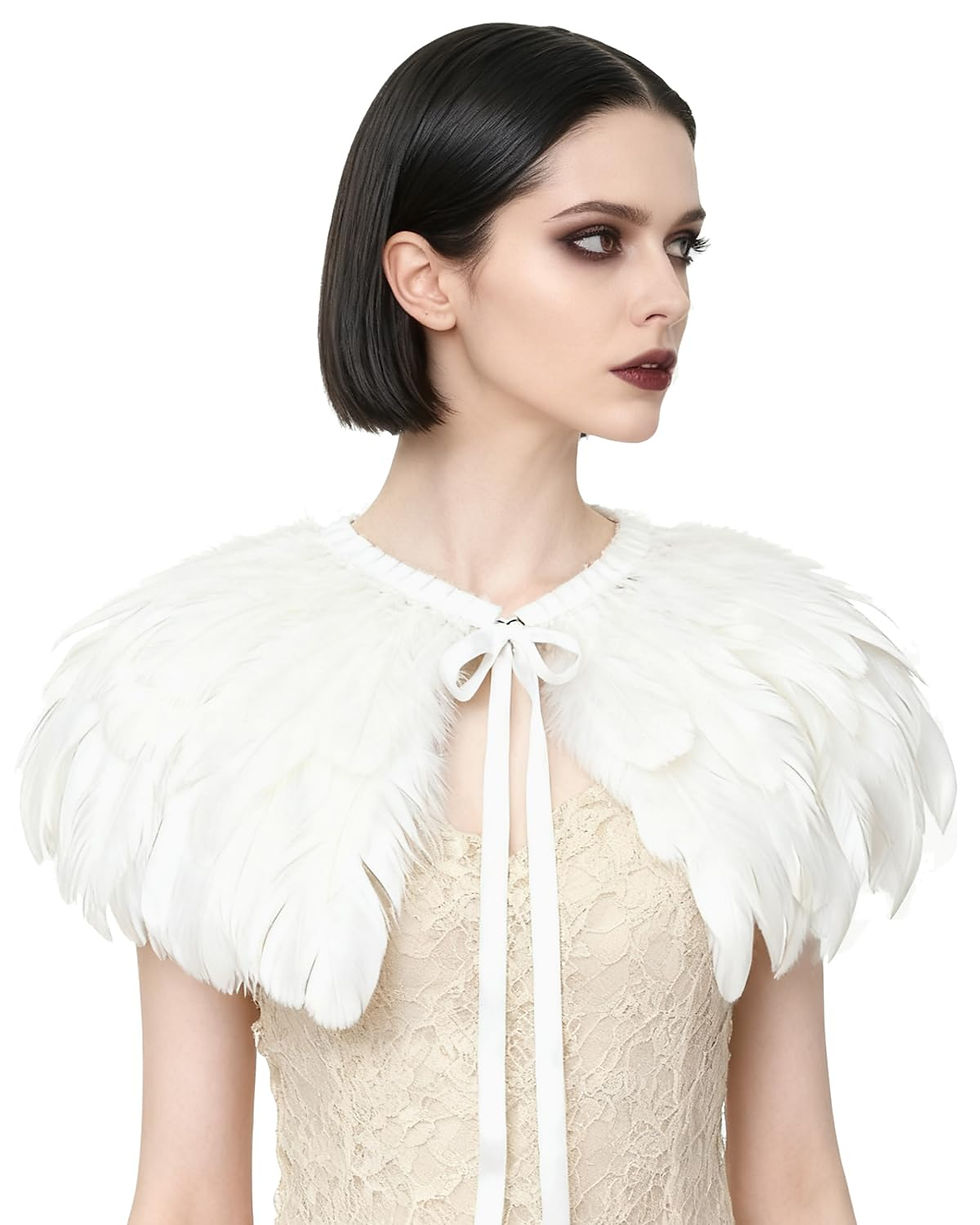 L'VOW Fashion Feather Cape Stole Black White Beige Shawl Bur - Image 1