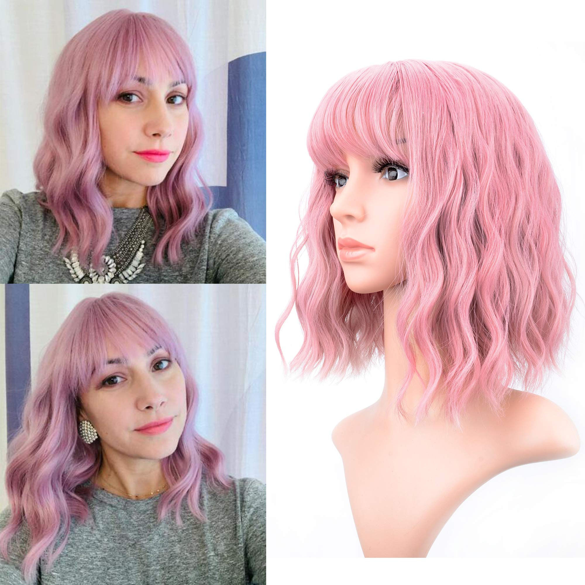 VCKOVCKO Pastel Wavy Wig with Air Bangs Womens Short Bob Purple Pink Curly