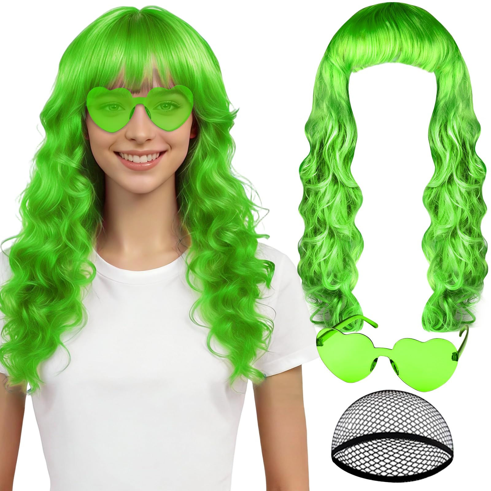 Plulon Green Neon Wave Wig with Heart Sunglasses