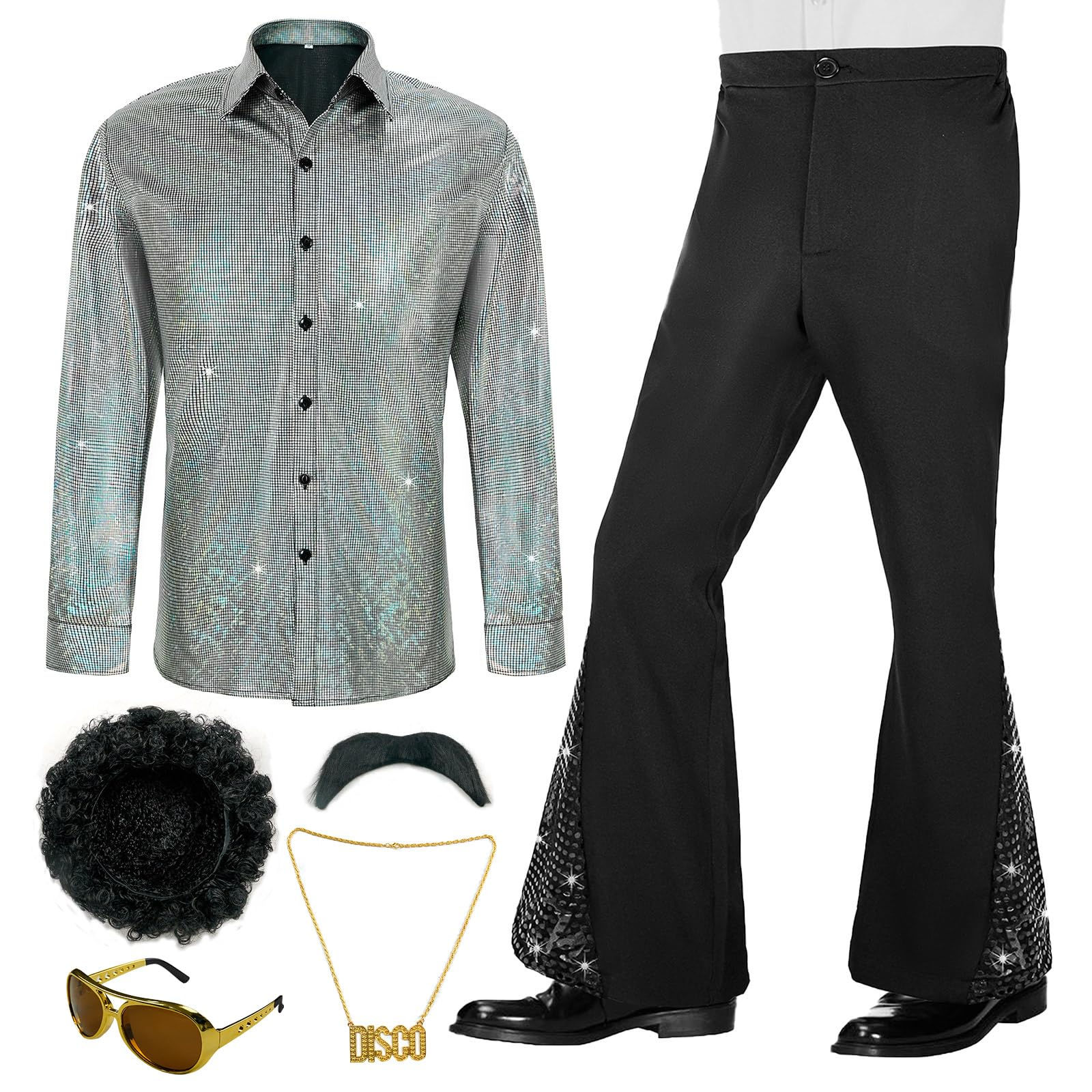 BONGZUO 70s Outfits for Men 6 Pcs Disco Outfit Retro Costume with Bell Bottom Pa