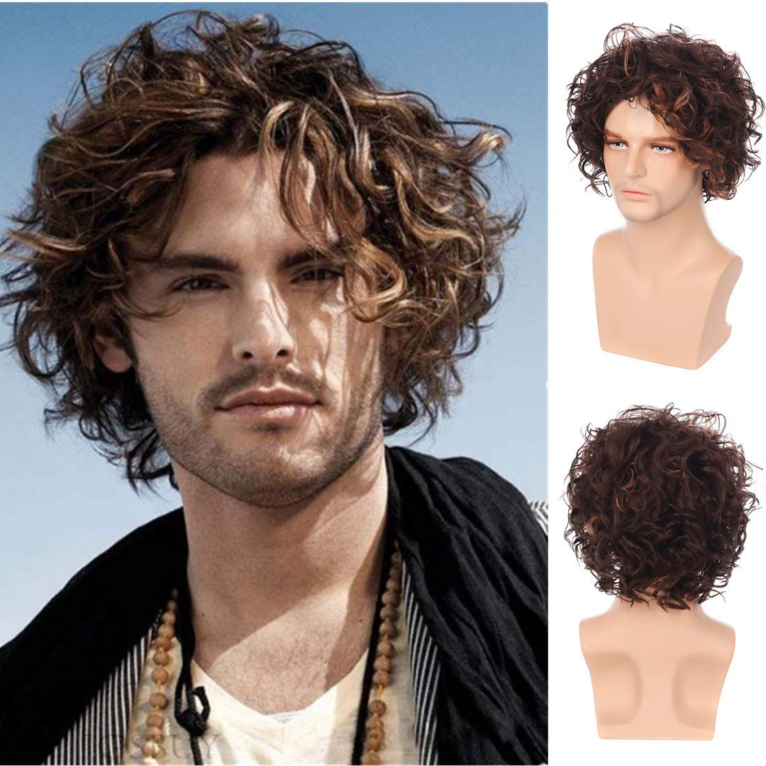 Swiking Men's Short Curly Wig - Brown