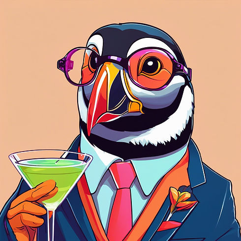 bright neon puffin wearing glasses and business suit drinking a martini.jpg