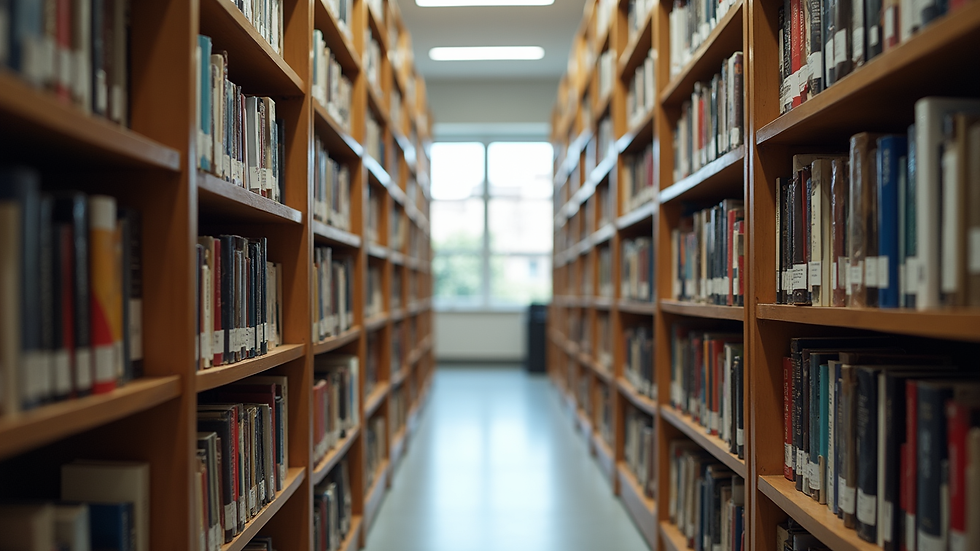Vista frontal de una biblioteca universitaria con estantes llenos de libros
