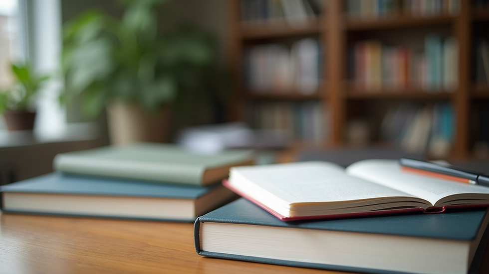 Close-up of books and notebooks on a study desk