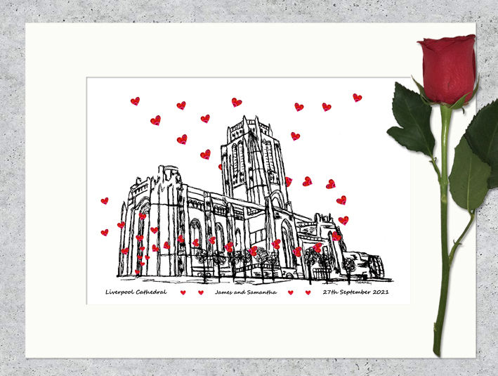 Thumbnail: Liverpool Anglican Cathedral weddings gift anniversary wedding print, hearts