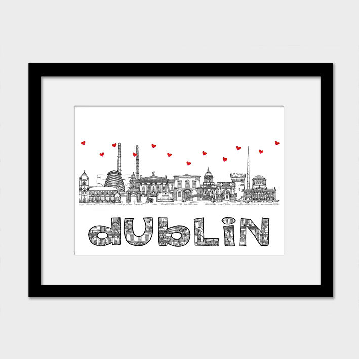 Thumbnail: Dublin landmarks black white and red print, Hearts, Housewarming gift.