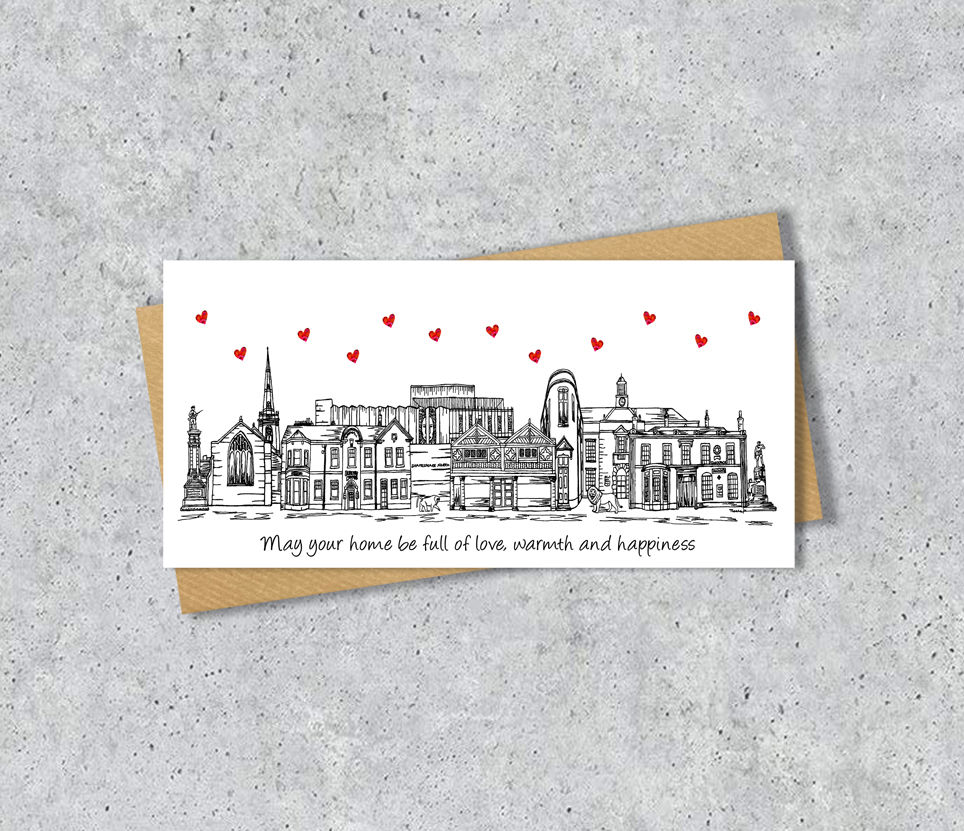Thumbnail: Prescot skyline long card, Personalised, Shakespeare North, Merseyside landmarks