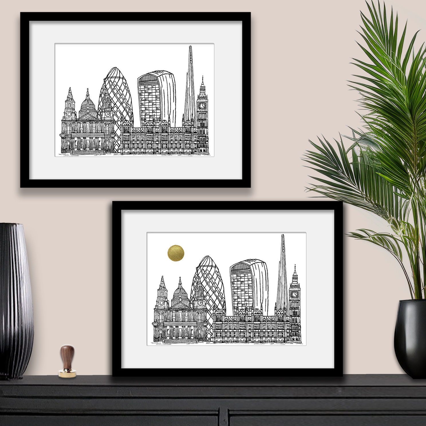 London wall art print, Gold sun, Black and white textile illustration, Home gift