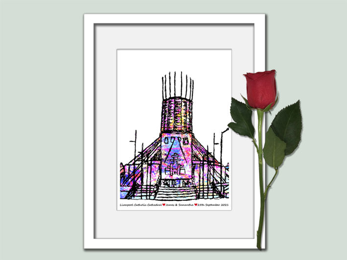 Thumbnail: Liverpool Metropolitan Cathedral weddings gift wedding anniversary print, hearts