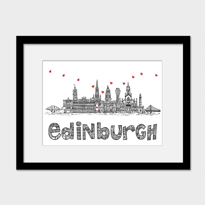 Thumbnail: Edinburgh landmarks black white and red print, Hearts, Housewarming gift.