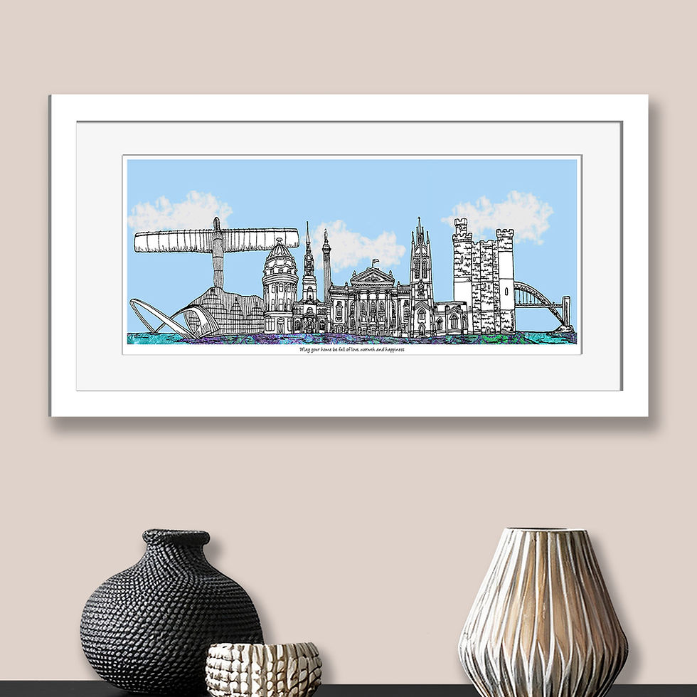 Thumbnail: Newcastle landmarks skyline art print, blue, Housewarming gift.