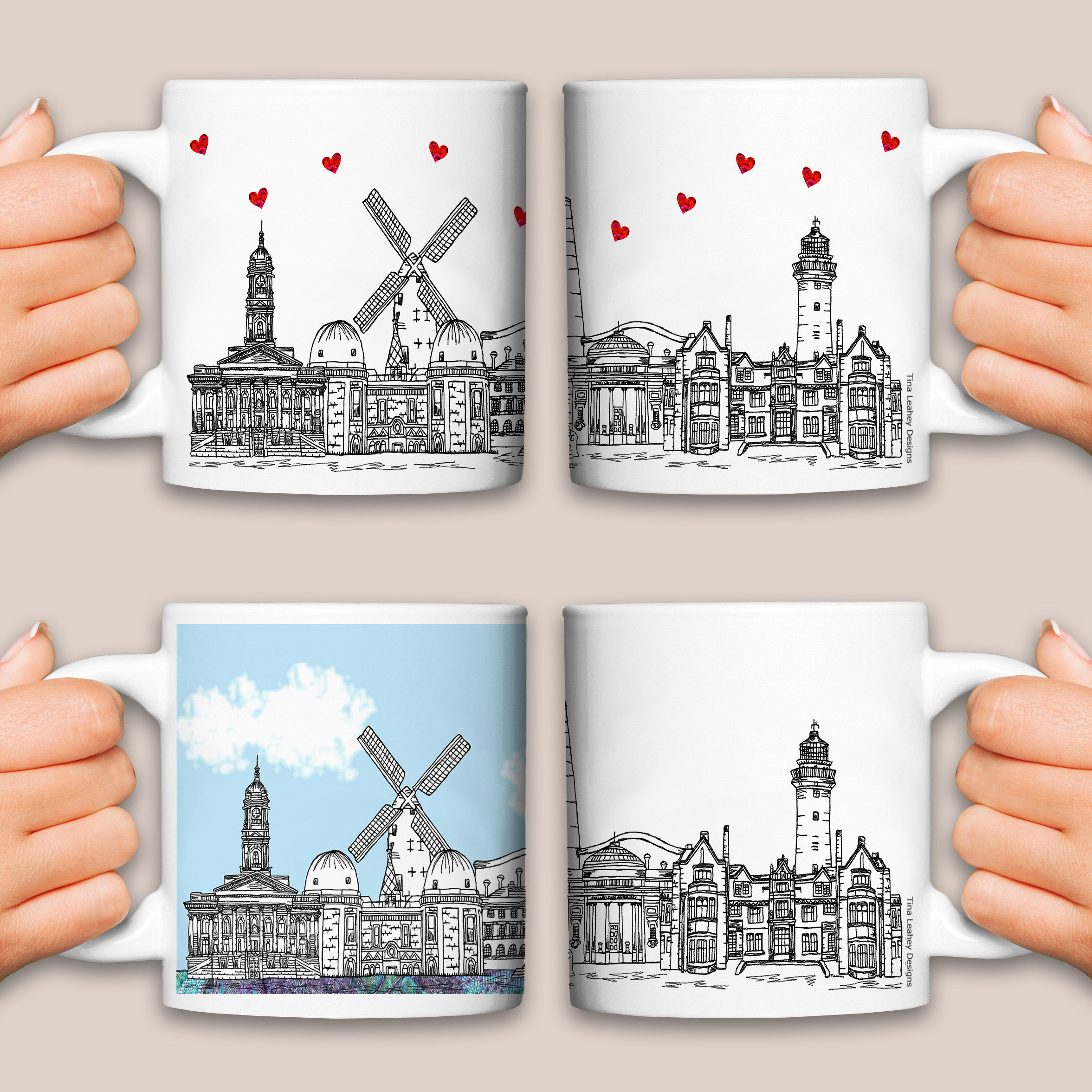 Wirral skyline ceramic mug, Personalised Housewarming gift, Black white hearts