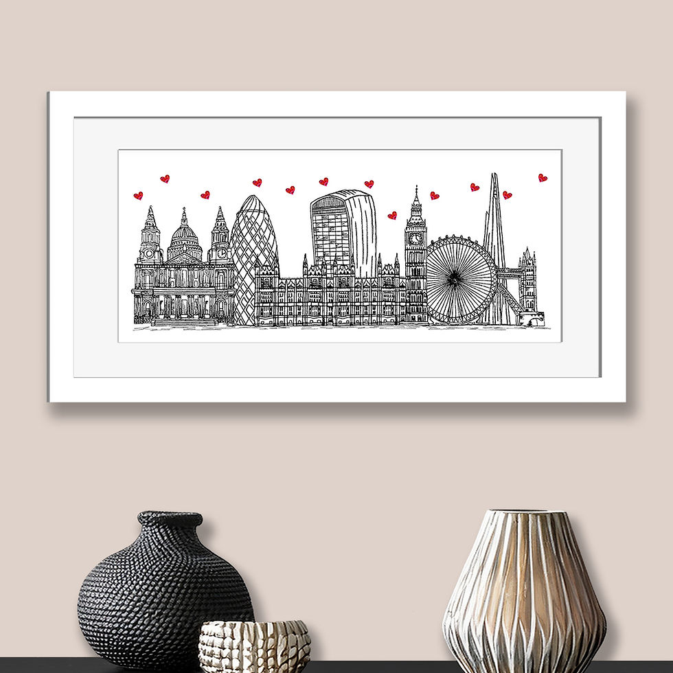 Thumbnail: London landmarks skyline wall art print, hearts, Housewarming gift.