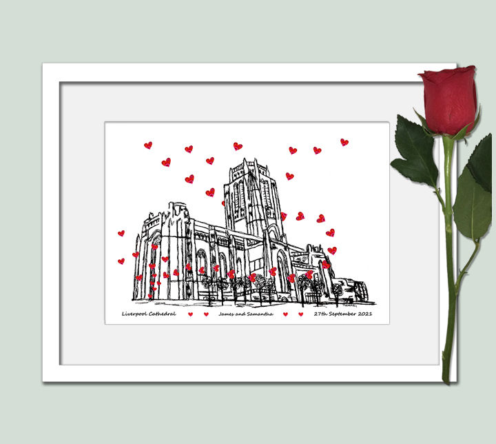 Thumbnail: Liverpool Anglican Cathedral weddings gift anniversary wedding print, hearts