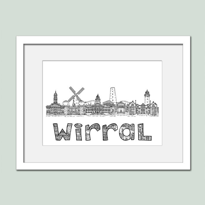 Thumbnail: Wirral landmarks black white and red print, Hearts, Housewarming gift.
