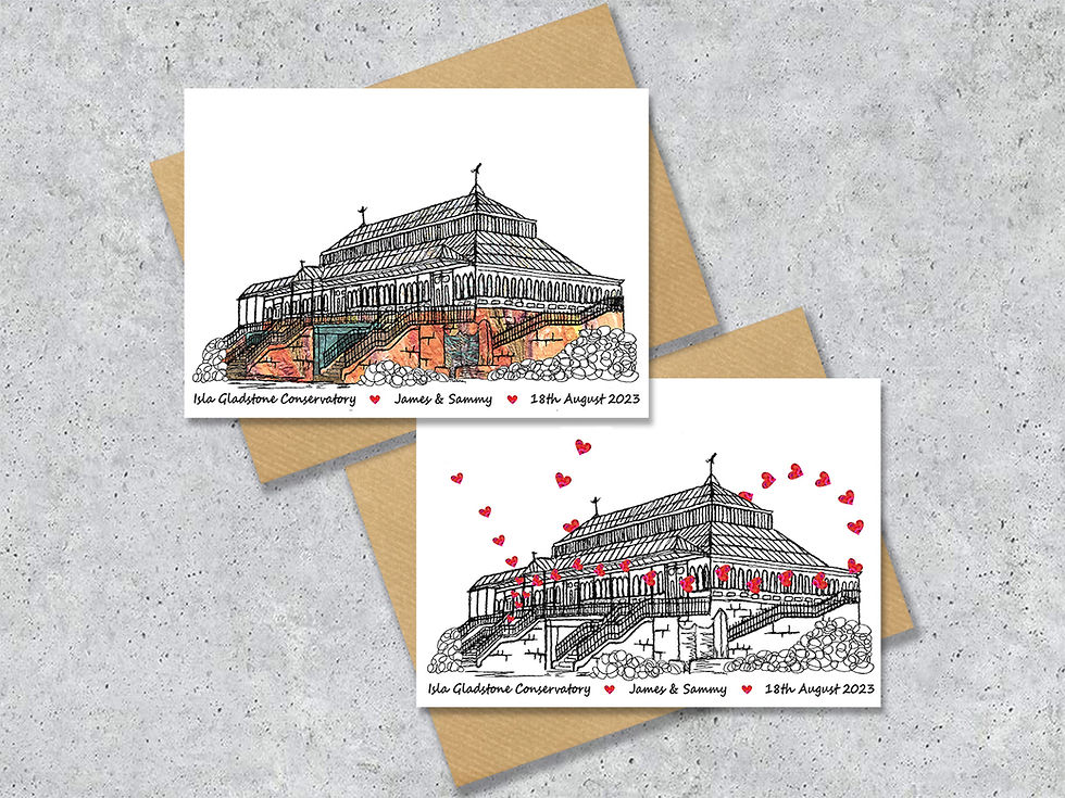 Thumbnail: Isla Gladstone conservatory wedding day anniversary venue card, Liverpool
