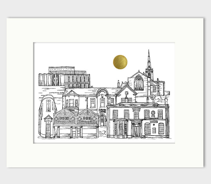 Thumbnail: Prescot wall art print, Gold sun, Black and white textile illustration gift