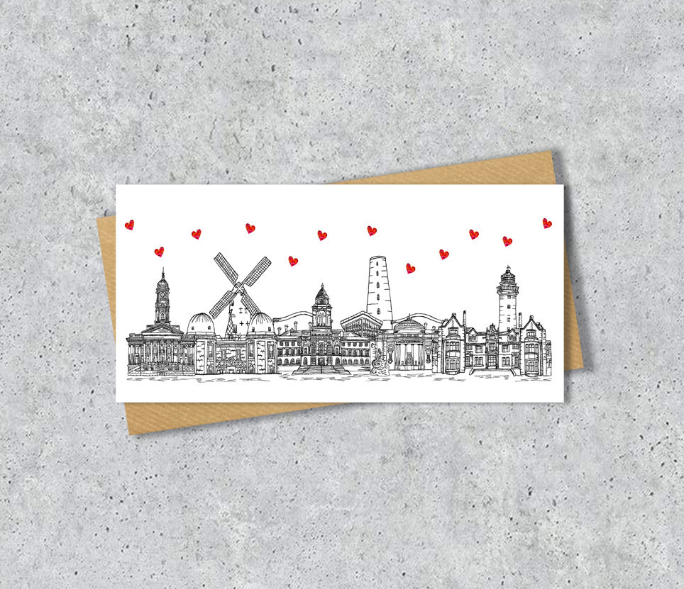 Thumbnail: Wirral skyline long card, Personalised, Wirral landmarks, black and white, heart