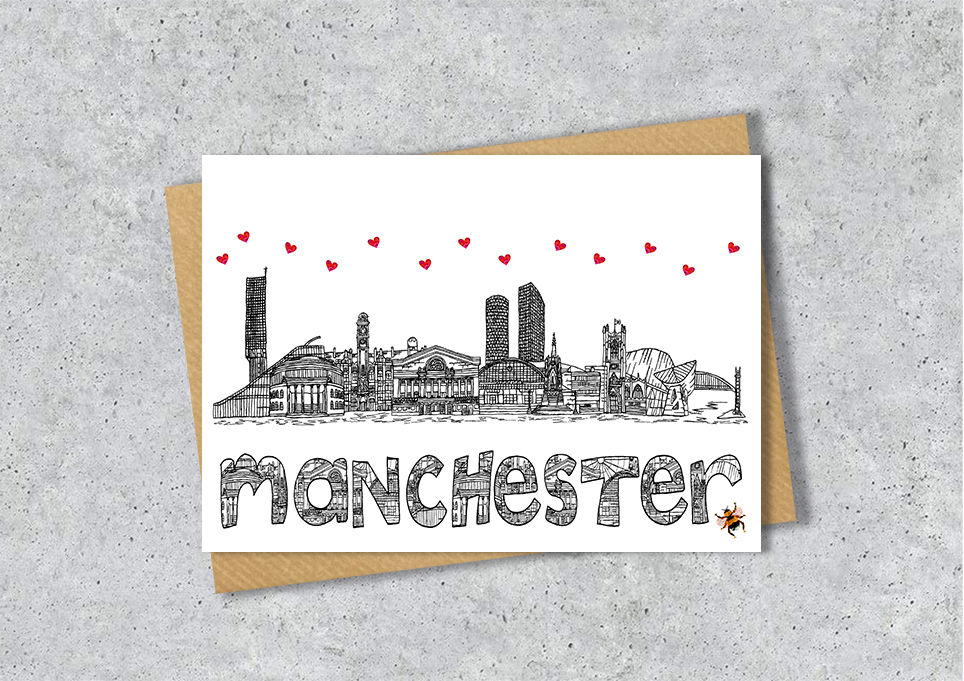 Thumbnail: Manchester bee A6 card, A5 Print, A4 Print, black white red, housewarming card