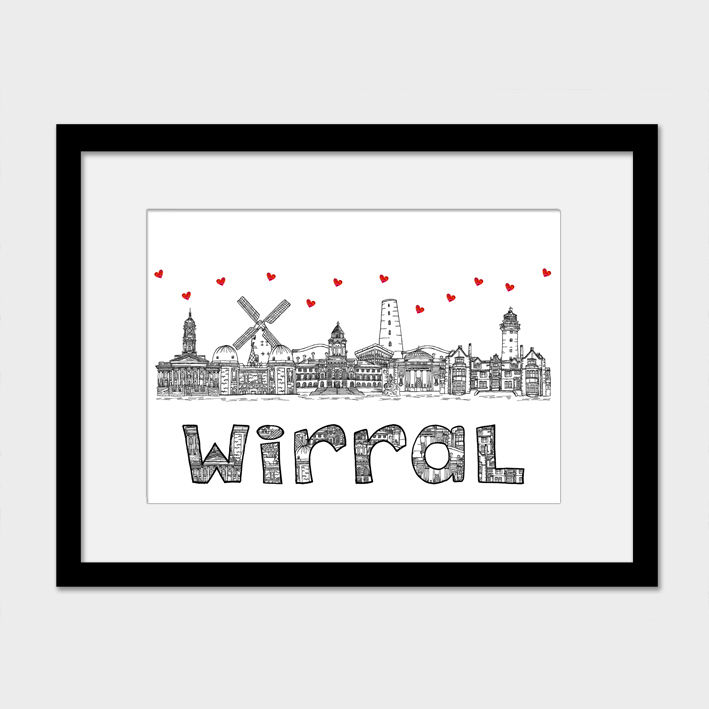 Thumbnail: Wirral landmarks black white and red print, Hearts, Housewarming gift.