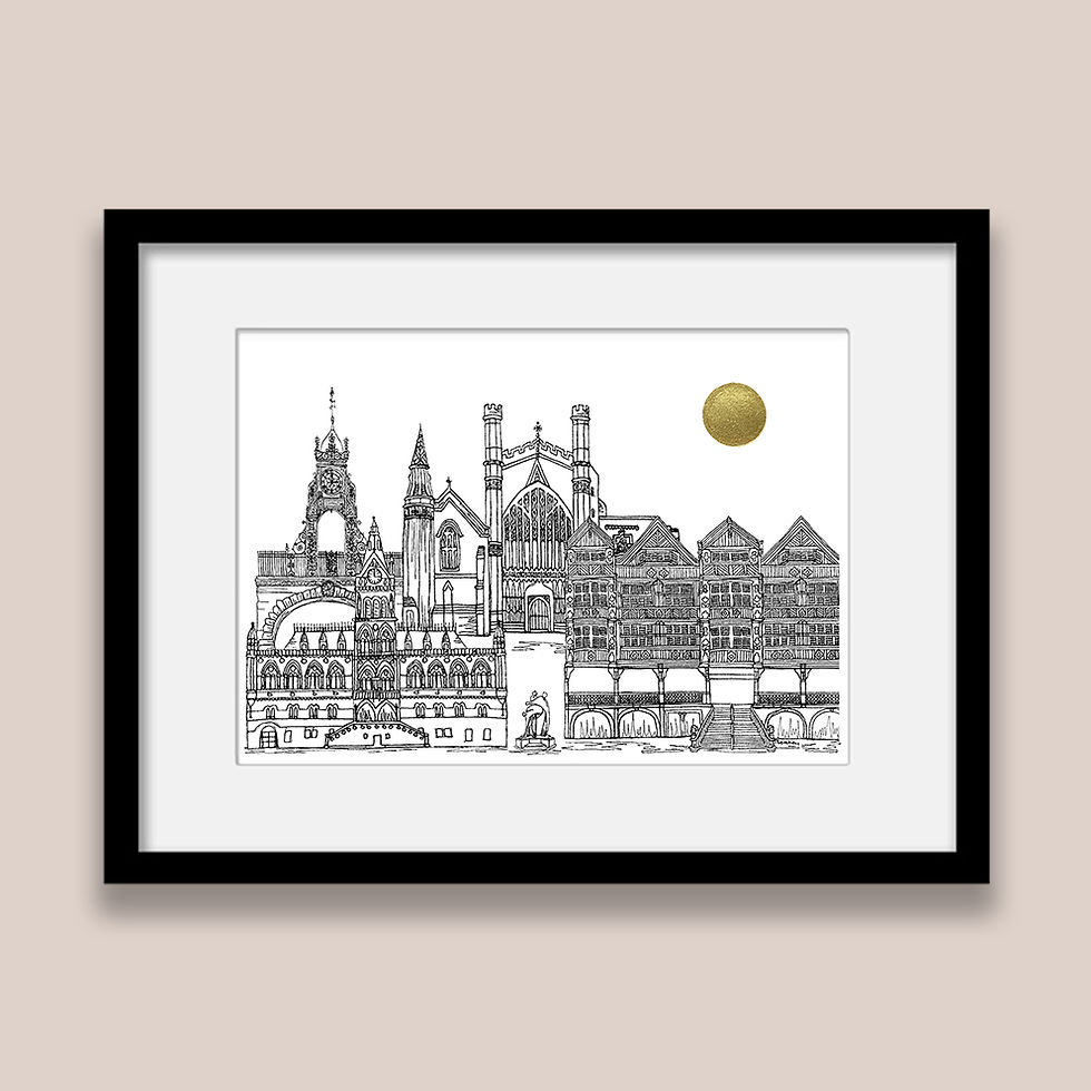 Thumbnail: Chester wall art print, Gold sun, Black and white textile illustration gift