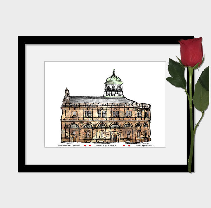 Thumbnail: Sheldonian Theatre weddings gift Oxford wedding anniversary print, hearts
