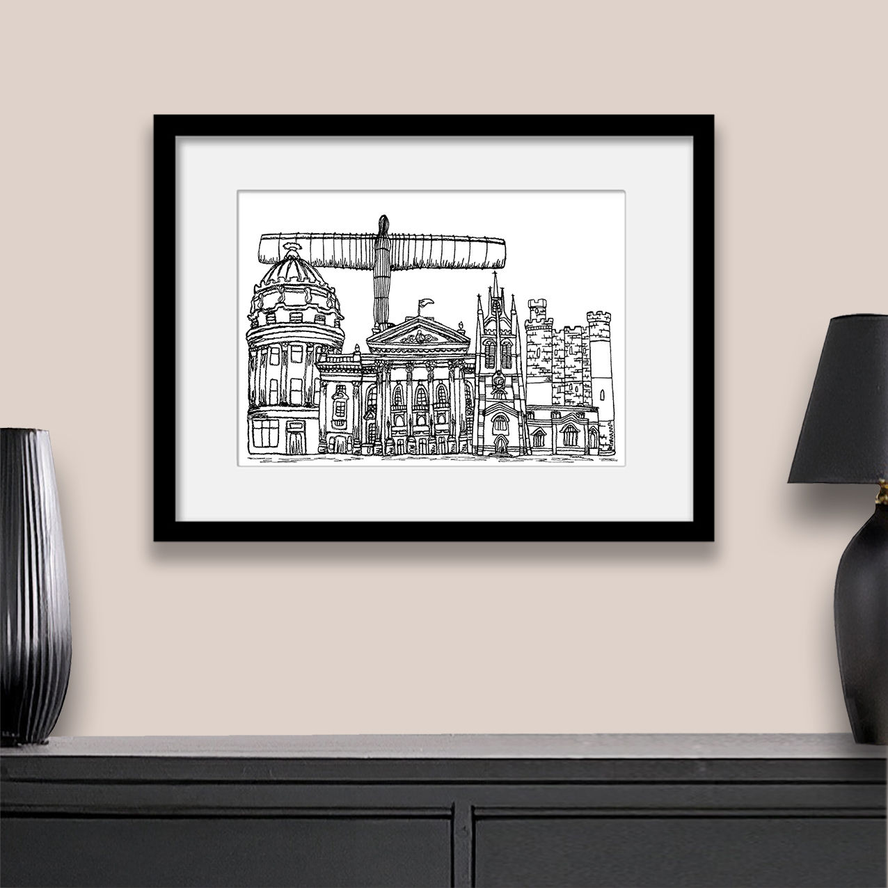 Newcastle wall art print, Gold sun, Black and white textile illustration gift