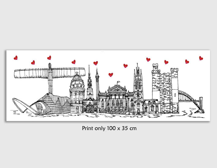 Thumbnail: Newcastle landmarks skyline wall art print, hearts, Housewarming gift.