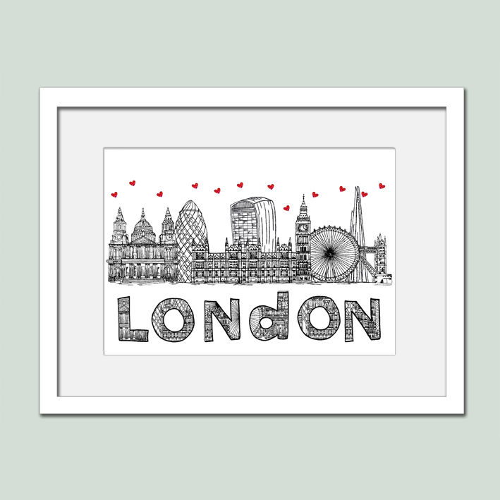 Thumbnail: London landmarks black white and red print, Hearts, Housewarming gift.