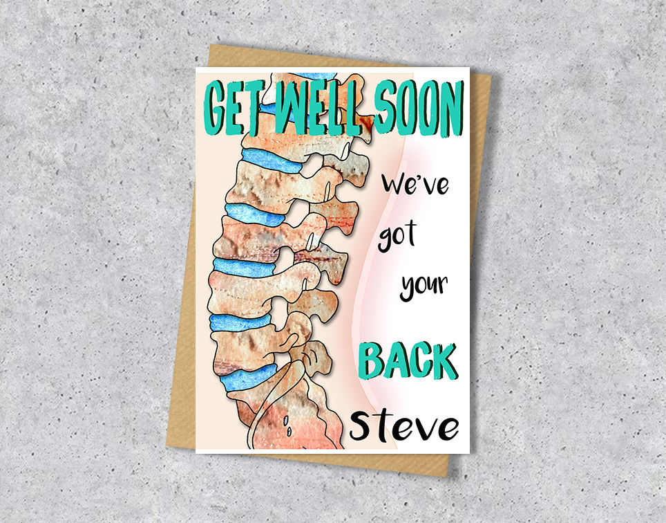 Thumbnail: Personalised Back pain surgery get well card, Spine, Orthopaedic, Backache.